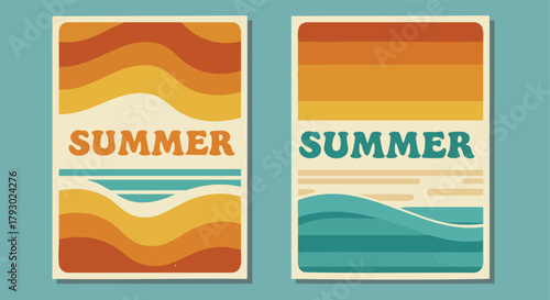 Retro-inspired summer vacation posters featuring vibrant wavy patterns of sun and ocean waves for beach holiday themes