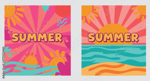 Vibrant and dynamic summer themed graphic illustrations showcasing sunny beach scenes and vacation vibes