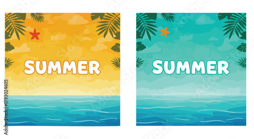 Vibrant summer beach scene illustrations with tropical leaves and ocean waves in warm and cool tones perfect for holiday themes