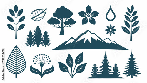 Illustration of nature elements including trees, leaves, flowers, water drop and mountain range design