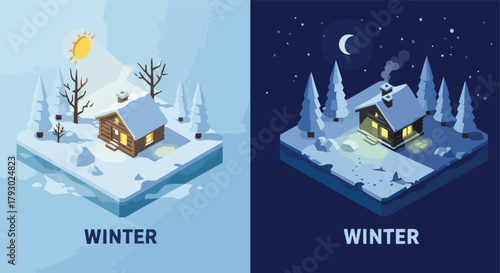 Isometric winter cabin illustrations depicting day and night scenes in a snowy landscape for cozy seasonal themes