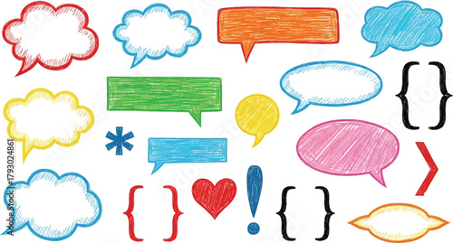 Colorful Hand Drawn Style Speech Bubbles and Symbols on White Background