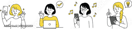Women Using Digital Devices Set. Social Media, Remote Work, Music, and Ideas.