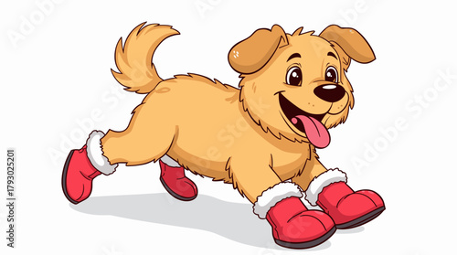 Joyful fluffy puppy running forward in bright red winter booties across white background