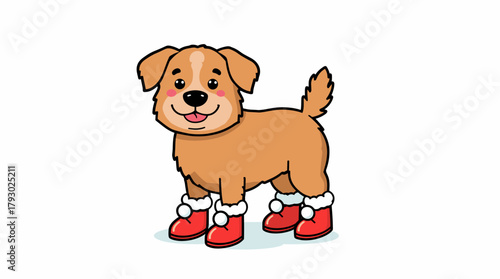 Smiling cartoon puppy with soft tan fur wearing fluffy red winter boots on clean white background