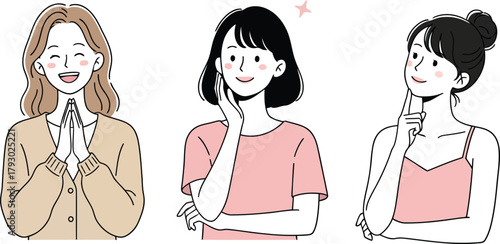 Happy Women Thinking and Praying Set. Idea, Appreciation, and Gratitude Concept.