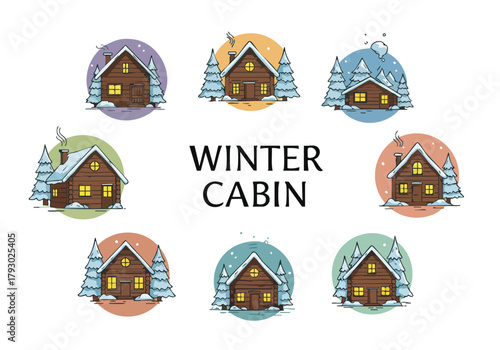 Collection of charming winter cabin illustrations nestled among snowy fir trees a perfect cozy scene for cold weather designs