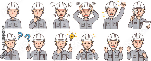 Construction Worker Emotion and Pose Set. Thinking, Safety, Success, and Problem Solving.