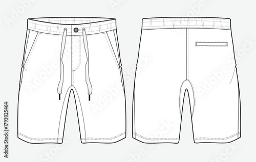 Men board shorts front and back view technical flat drawing vector mockup illustration.