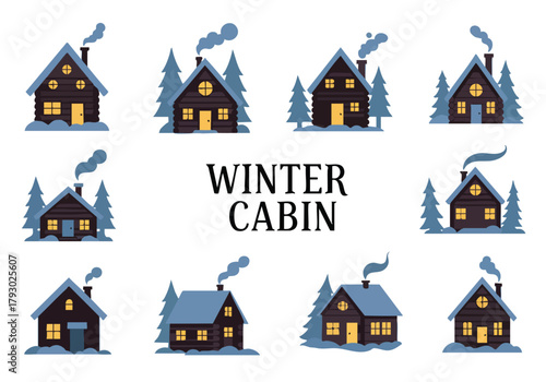 A delightful collection of charming winter cabin illustrations showcasing cozy homes with snowy landscapes and festive holiday appeal