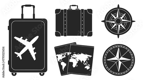Illustration featuring travel icons including suitcases, passports with world map, and compasses in black and white