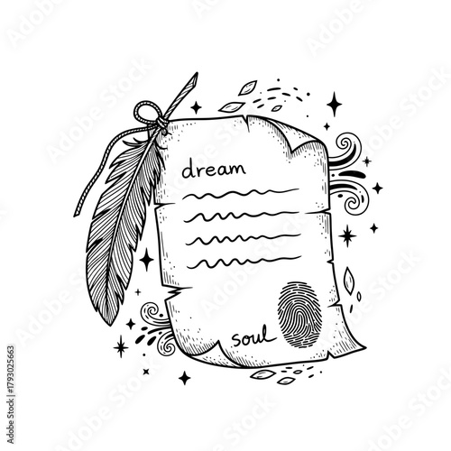 "Mystical Dream Scroll with Feather Pen and Moon Phases – Hand Drawn Spiritual Manifestation Symbol Vector"

