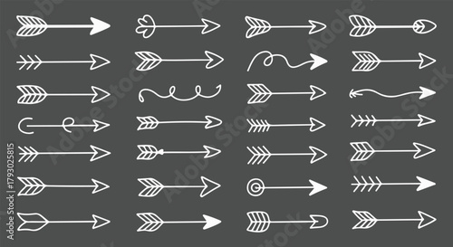 Hand drawn doodle arrow variant shapes line icon. Sketch arrow shape of curve, street, angel, flag and more. Vector illustration