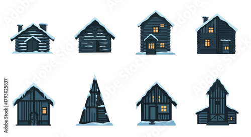 Collection of charming rustic winter cabins and cozy snowy wooden houses illustrations perfect for seasonal themes and holiday designs