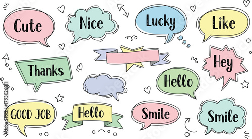 Colorful Speech Bubbles with Positive Words, HandDrawn Style on White Background