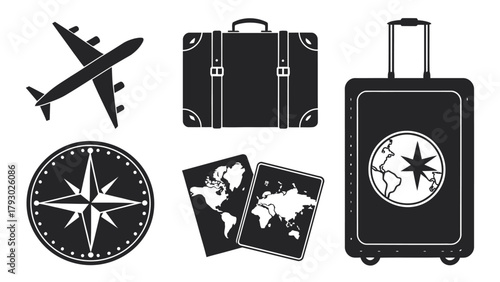 Black and white travel themed icons including airplane compass suitcases and world map passport design set