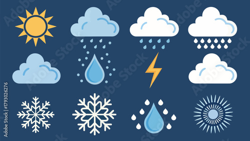 Illustration of weather icons including sun, clouds, rain, snow, lightning on a dark blue background
