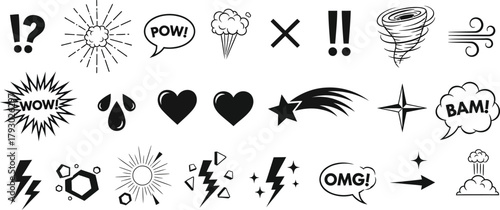 Comic Speech Bubbles and Action Effects Icons Clipart Set on Transparent Background