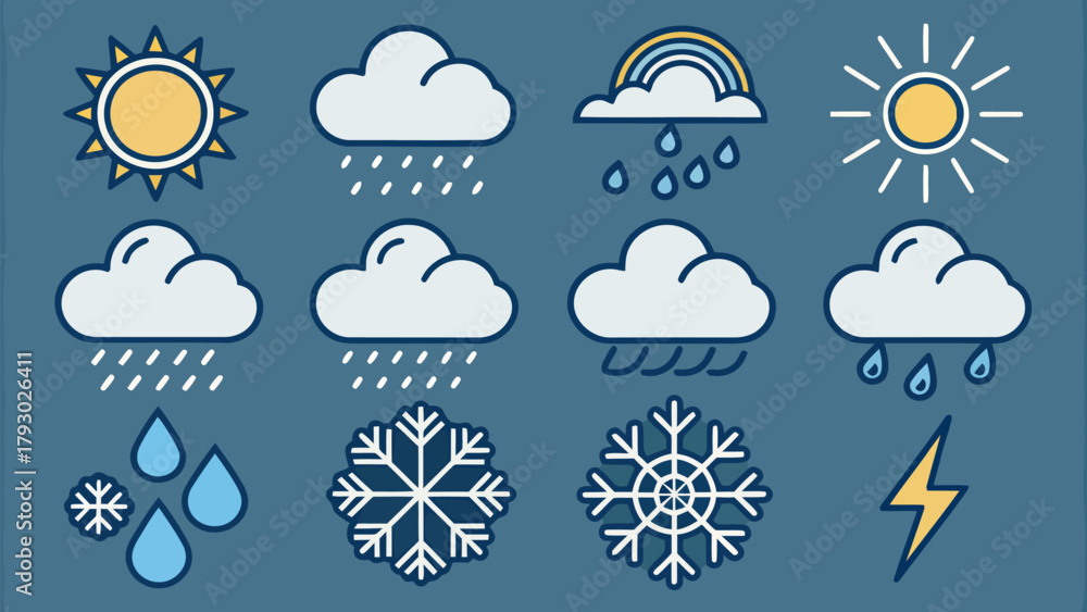 Fototapeta premium Weather icons including sun clouds rain rainbow snowflakes and lightning on a blue background image