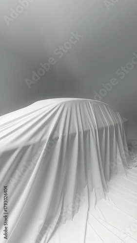 Silhouette of vehicle hidden under smooth white fabric in clean studio environment, symbolizing anticipation, elegance, and upcoming car reveal