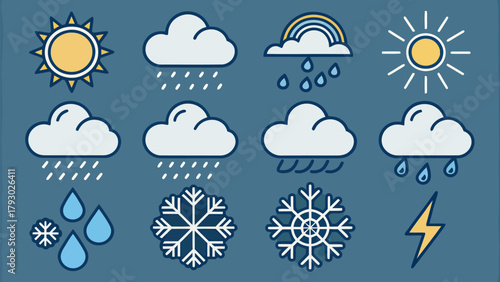 Weather icons including sun clouds rain rainbow snowflakes and lightning on a blue background image