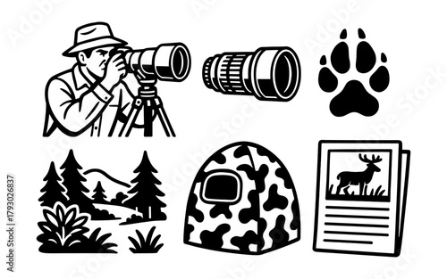 Wildlife observation icon set featuring photographer, camera, and nature elements