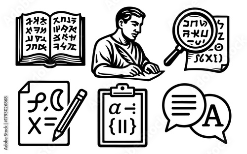 Retro style language and writing elements with ancient script and symbols