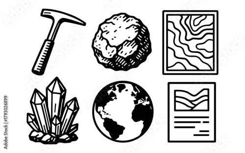 Geology icons set: black and white line art of tools, crystals, and earth elements