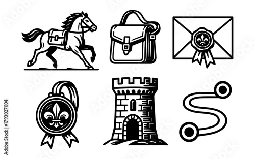 Medieval icon set: knight symbols in bold black and white design