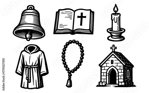 Religious symbols: bell, bible, candle, robe, rosary, church