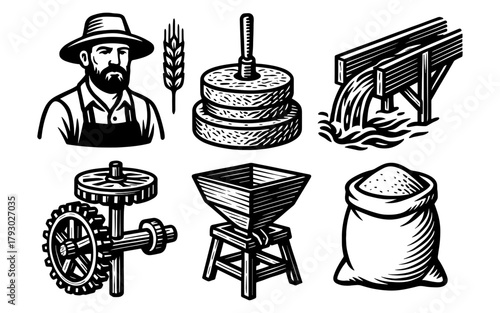 Traditional farming icons: farmer, mill, water wheel, wheat, grain bag