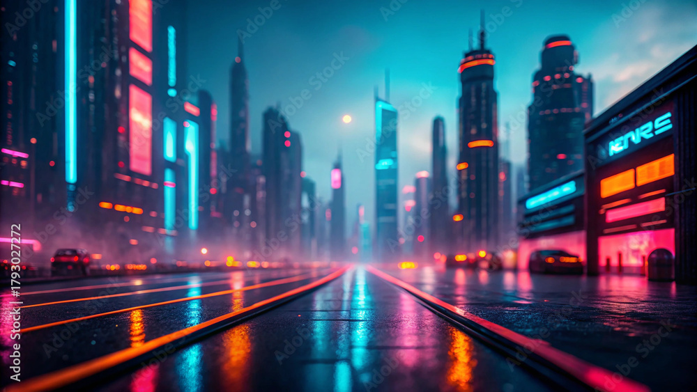 Fototapeta premium Neon Cyberpunk Cityscape at Night with Wet Streets and Glowing Buildings image photo Background