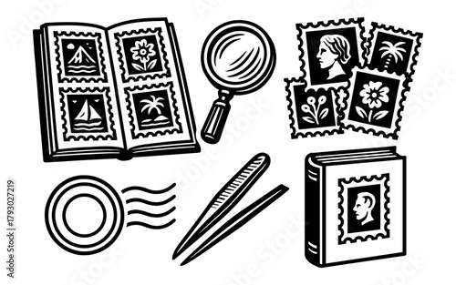 Vintage stamp collecting essentials with magnifying glass and tweezers