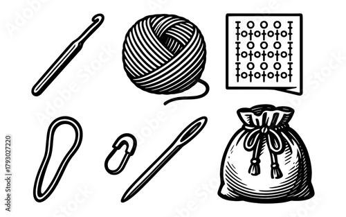 Vintage crochet icons: yarn, hook, needle, and more in retro style design