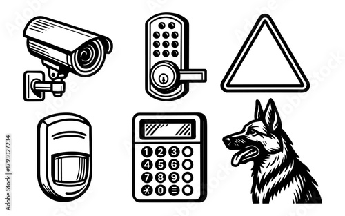 Security elements: surveillance camera, door lock, dog, calculator, motion sensor in black and white