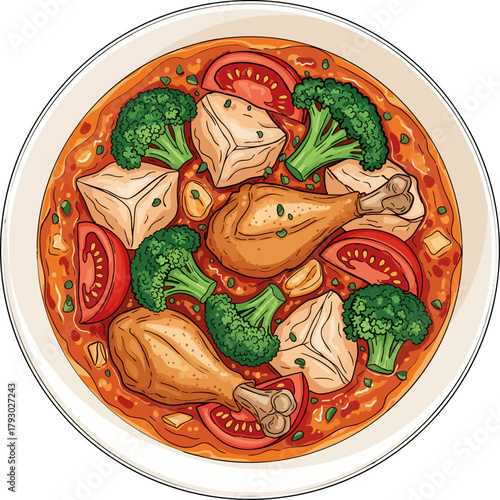 Chicken Curry or Stew with Vegetables Detailed Vector Illustration