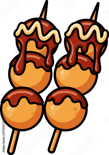 Skewers of Food Balls with Dripping Sauce Cartoon Vector Illustration