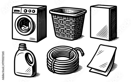 Monochrome household laundry set: washing machine, basket, detergent
