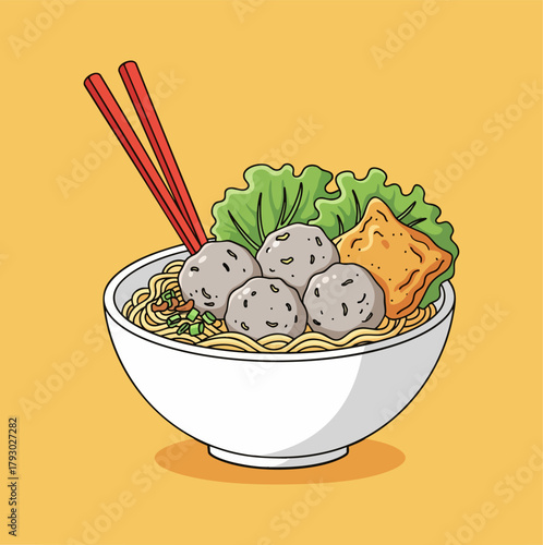 Indonesian Bakso Meatball Noodle Soup Simple Vector Illustration