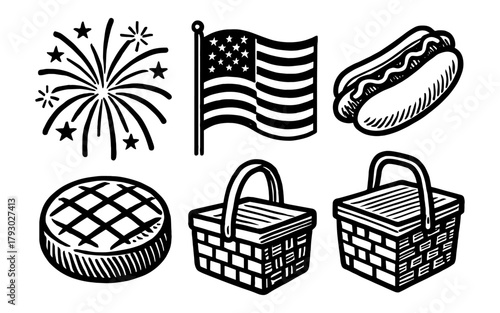 Hand drawn american celebration elements: fireworks, flag, hot dog, pie, picnic baskets