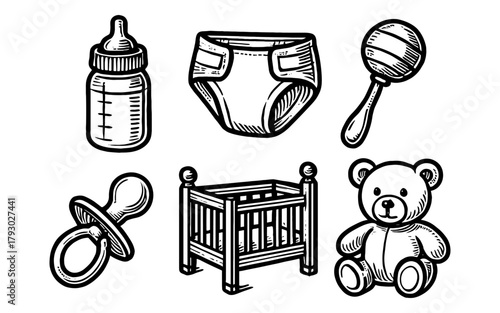 Monochrome baby essentials: bottle, diaper, rattle, pacifier, crib, teddy