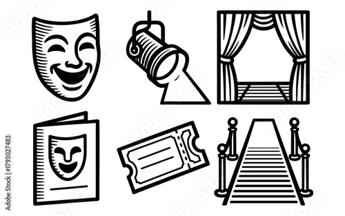 Theater icons: comedy mask, stage curtain, spotlight, ticket, program, red carpet