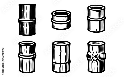 Hand-drawn bamboo segments collection in black and white style