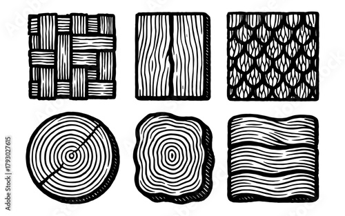 Hand drawn wood and texture patterns collection in black and white