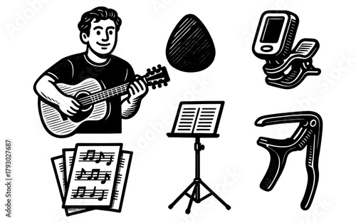 Musician with acoustic guitar and essential accessories in retro style