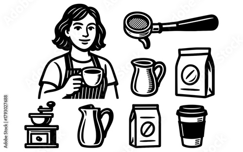 Barista with coffee tools: essential brewing elements in black and white artwork