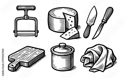 Rustic cheese making tools and accessories in vintage style