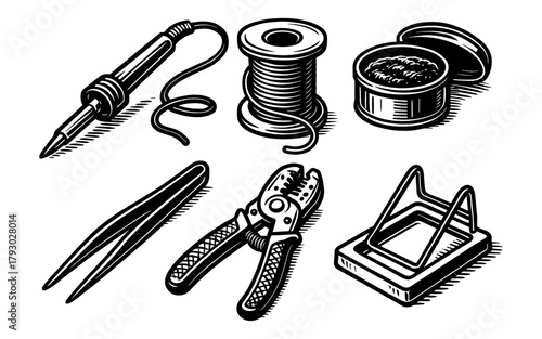 Vintage engraving style electronics tools set with soldering iron and accessories