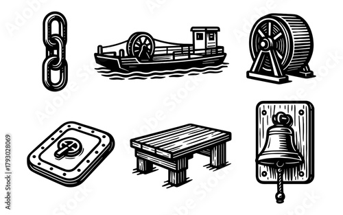 Vintage nautical elements: ship, anchor, bell, winch minimalist design