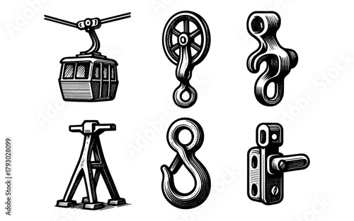 Vintage cable car and industrial hook components in retro engraving style